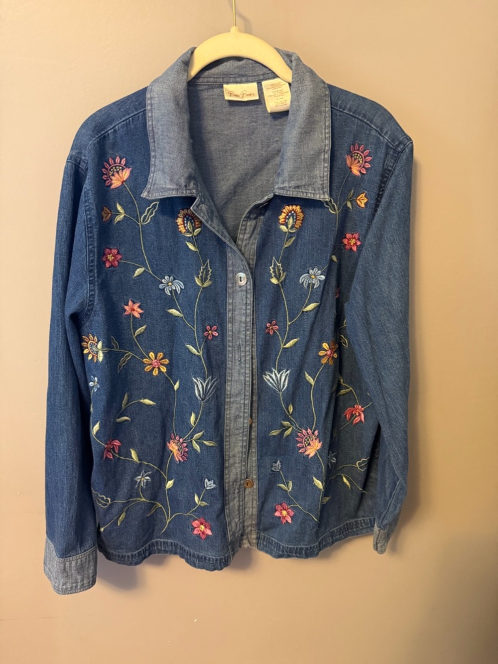 Bobbie Brooks Blue Denim Jacket with Multicolor Floral Embroidery